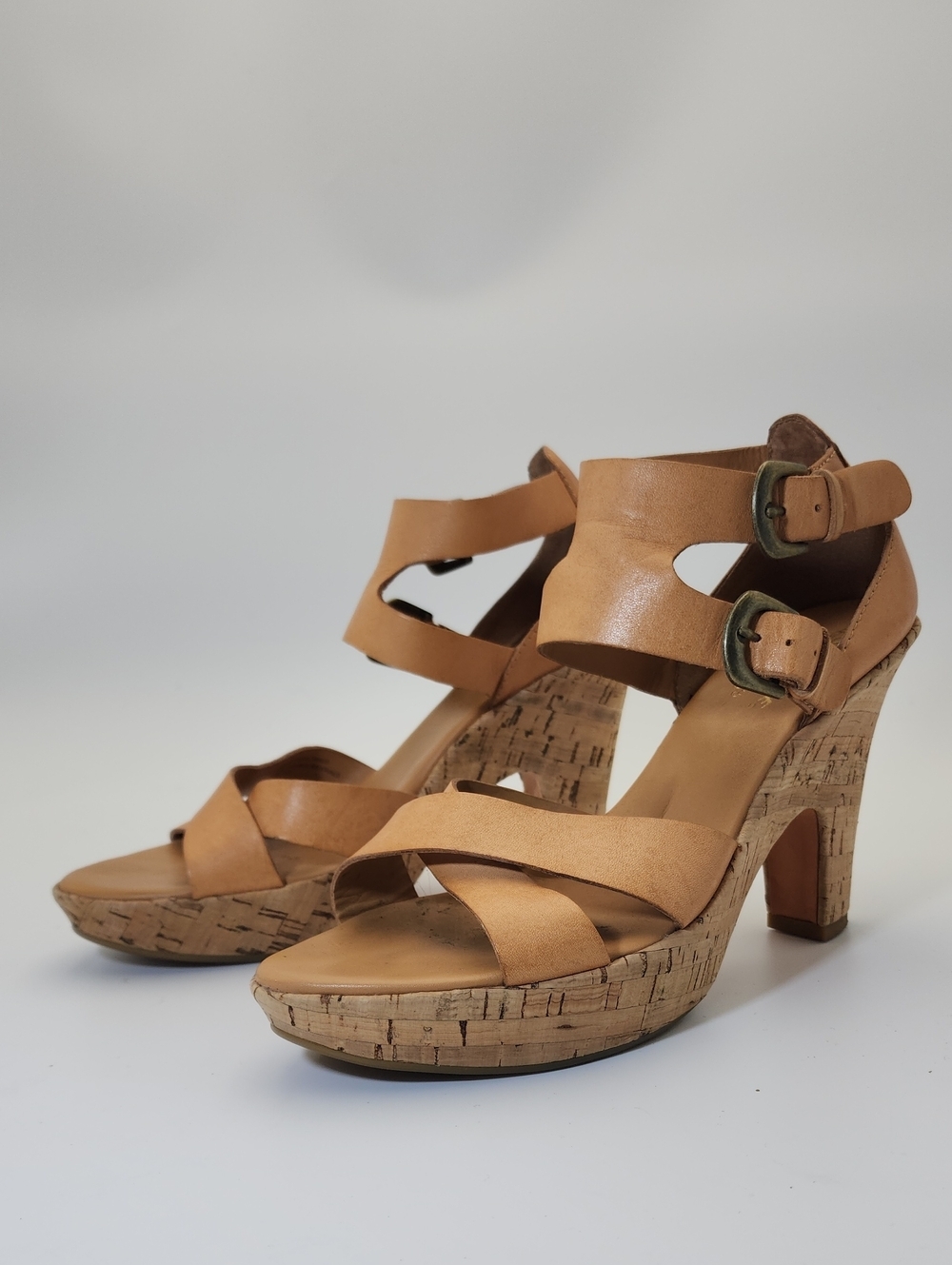 Kork Ease Teresa Cork Heeled Tan Leather Strappy Double Buckle Sandals Sz 10/42
